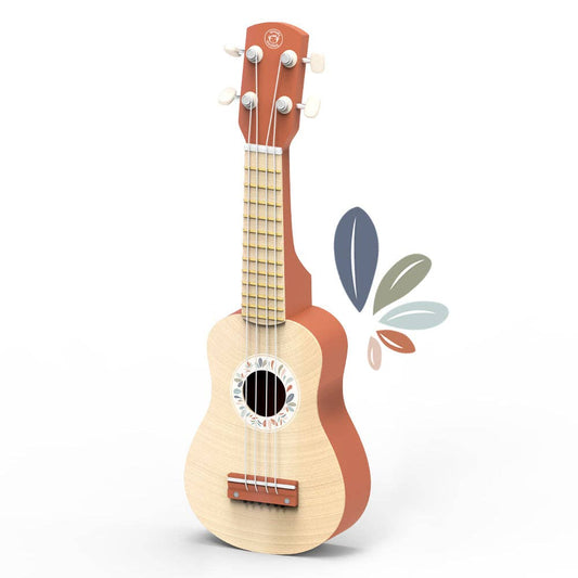 A multicolor wooden toy ukulele with a terracotta headstock and a natural wood body.