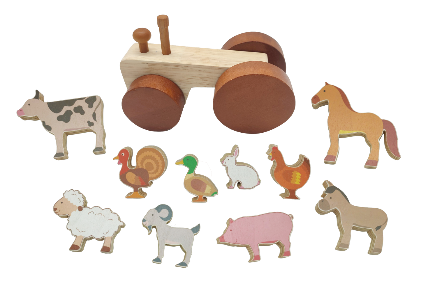 A wooden farm animal toy set on a white background, featuring a natural wood tractor and multiple painted animal pieces including a cow, horse, chicken, duck, rabbit, pig, sheep, goat, and donkey.