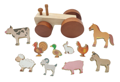 A wooden farm animal toy set on a white background, featuring a natural wood tractor and multiple painted animal pieces including a cow, horse, chicken, duck, rabbit, pig, sheep, goat, and donkey.