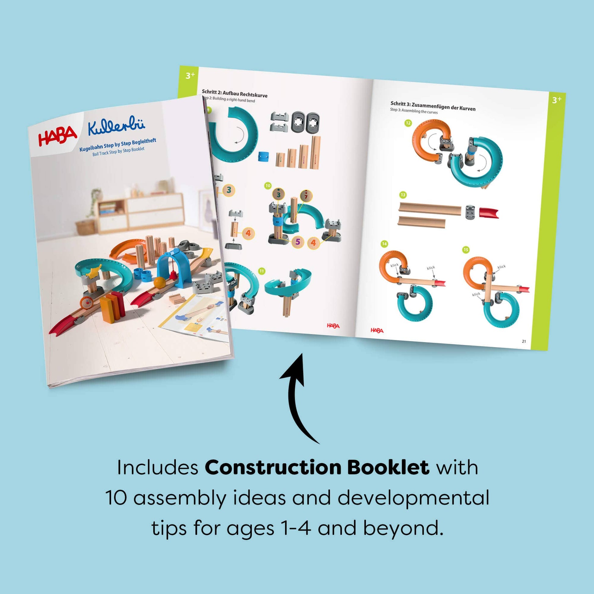 HABA Kletterli construction set with an open booklet on a light blue background