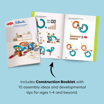 HABA Kletterli construction set with an open booklet on a light blue background