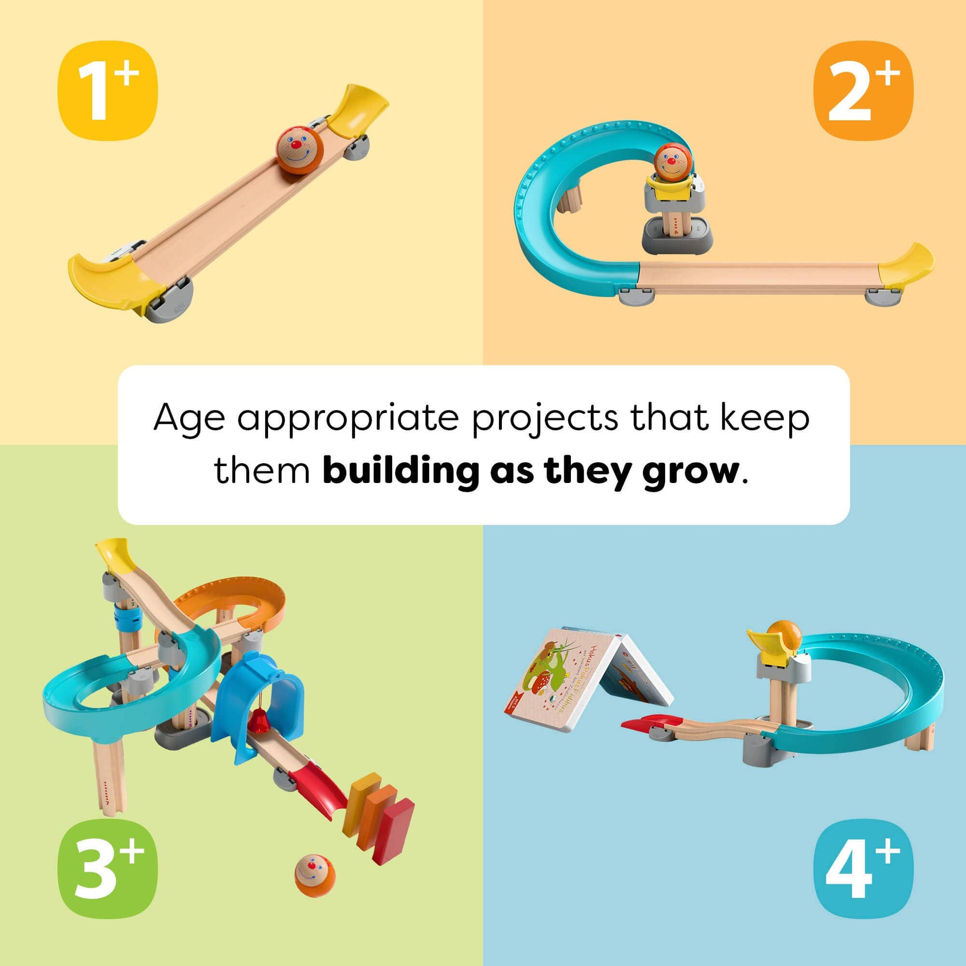 Toy marble run sets with age recommendations on a colorful background