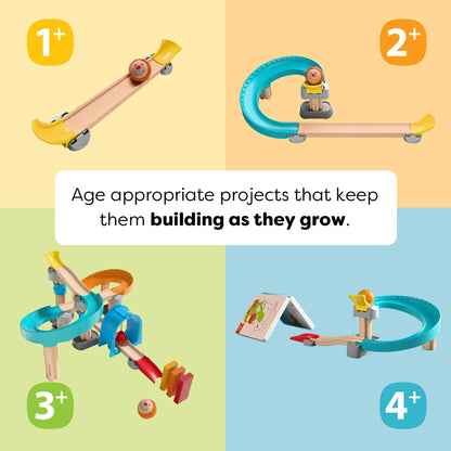 Toy marble run sets with age recommendations on a colorful background