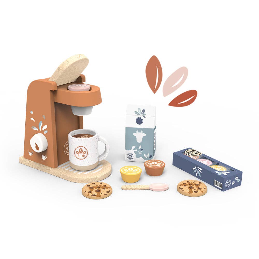 Children's toy coffee set with a coffee machine, cups, and cookies on a white background