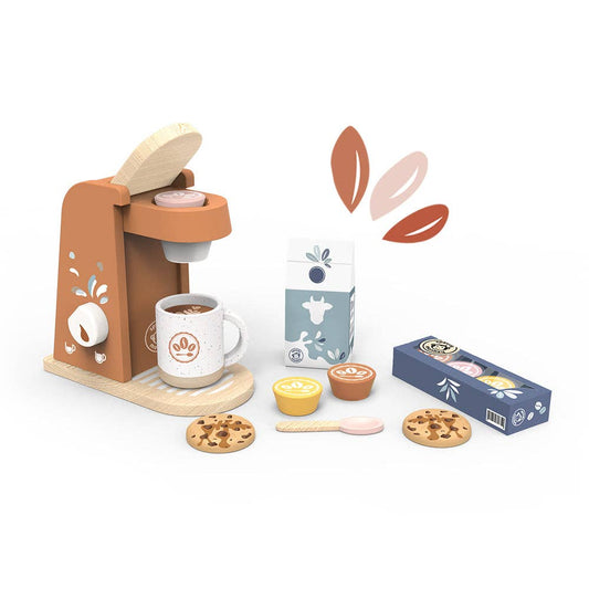 Children's toy coffee set with a coffee machine, cups, and cookies on a white background