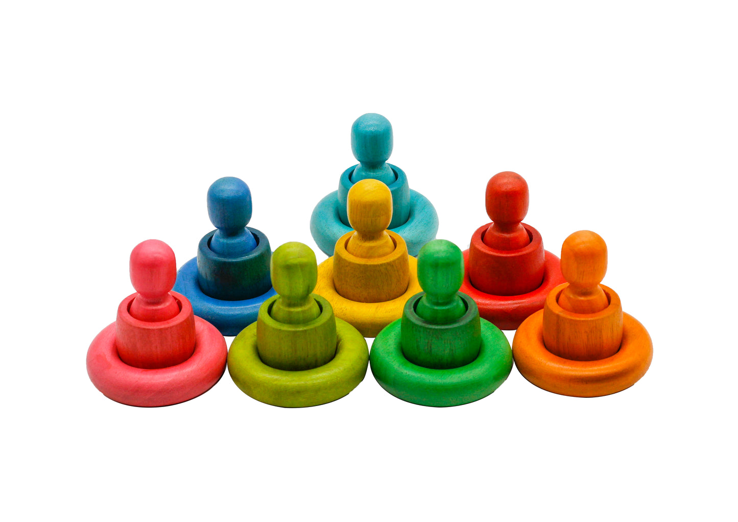 A set of colorful wooden stacking rings and peg toys arranged in a pyramid on a plain white background.