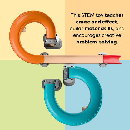 Colorful toy track with text about its educational benefits on a multicolored background